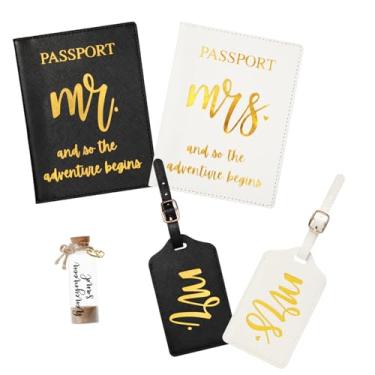 Imagem de Conjunto de etiquetas de bagagem e porta-passaporte Mr & Mrs com letras douradas e garrafa de lembrança de areia de lua de mel, acessórios de viagem de casamento, conjunto de presente de lua de mel