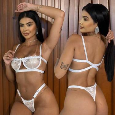 Imagem de Conjunto Lingerie Sexy Meia Taça Gringa Sensual Renda - Like4you, P, B