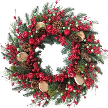 Imagem de TEMPUS Guirlanda rústica de inverno de 55 cm com frutas vermelhas, pinhas e fatias de madeira – Verdura de agulha de pinheiro perene na base de vime natural para decoração de porta da frente, lareira