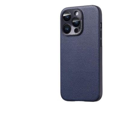 Imagem de Capa de couro com padrão de lichia para iPhone 15 Pro Max 14Plus 14 13 12 11 Pro Capa protetora de lente de câmera de metal, azul, para iPhone13