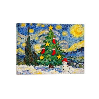 Imagem de Pinturas em tela Natal-Quadros Decoração de Parede-Árvore Natal Noite Estrelada-Inverno Paisagens Impressões para Sala de Estar 60x80cm Tela Embrulhada