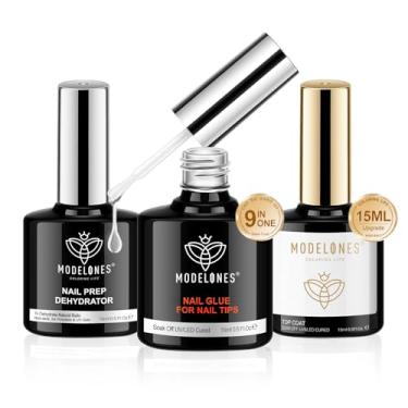 Imagem de modelones Gel de cola para unhas com camada superior e desidratador de preparação, 3 peças, 15 ml, kit de cola de gel de 23 cm para facilitar a extensão das unhas, revestimento superior sem limpeza