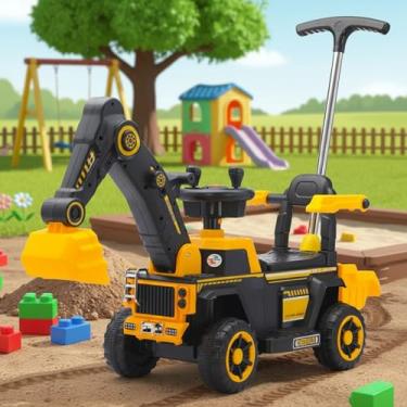 Imagem de Retroescavadeira Elétrica Infantil 6V com Pá Móvel e Alça de Empurrar – Brinquedo com Luzes, Assento Confortável, Rodas Grandes e Cinto de Segurança, Ideal para Crianças - Cor Amarela