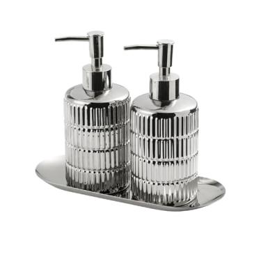Imagem de Dispensador de sabão Conjunto de saboneteira cerâmica com 3 peças, bomba loção para banheiro hotel, garrafa bandeja(Silver)