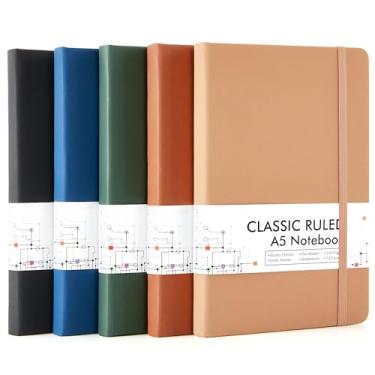 Imagem de feela Caderno de diário a granel para escola, capa dura, clássico, pautado, com suporte para caneta, escritório, diário, com 5 canetas pretas, 120 g/m2, 13 x 21 cm, pacote com 5, A5, cores vintage