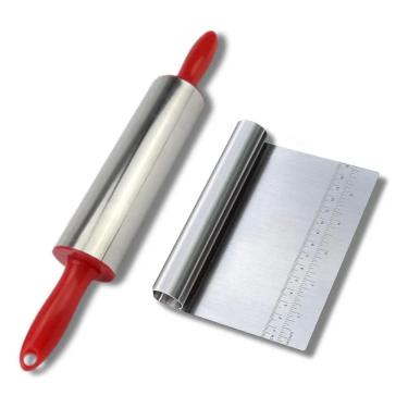 Imagem de 2X Kit Rolo De Massa Giratório Inox + Espátula Tubular De In