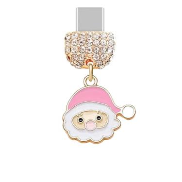 Imagem de ELISE & FONDA TP977 Tipo-C porta de carregamento cristal antipoeira pingente de celular pequeno Papai Noel para iPhone 15/16/Samsung/OnePlus/Xiaomi/oppo telefones Android (branco e rosa)