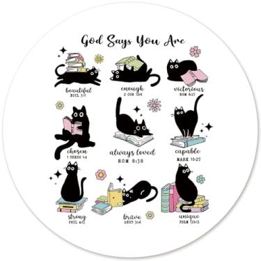 Imagem de Yetmadi Tapete de rato redondo cristão gato preto fofo, mousepad com versículo bíblico, citações das escrituras cristãs, base antiderrapante, tapete de rato para meninas, computador, casa, escritório