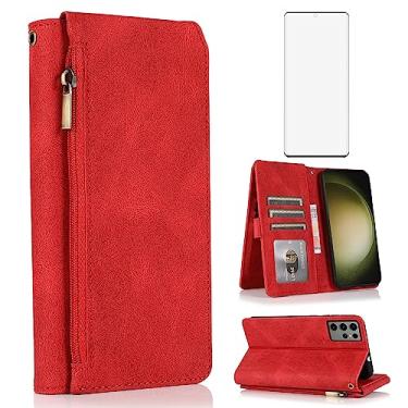 Imagem de Capa carteira compatível com Samsung Galaxy S23 Ultra 5G, protetor de tela de vidro temperado e zíper retrô de couro, suporte para cartão, acessórios para celular para S23Ultra 23S S 23 23Ultra