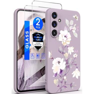 Imagem de Yucenx Capa para Samsung Galaxy A55 5G com 2 protetores de tela, para meninas e mulheres, florais, capa de telefone de silicone líquido, à prova de choque, antiarranhões, capa de proteção macia para