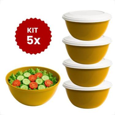 Imagem de Kit 5 Peças Saladeira Oval Potes Plástico com Tampa Branca Cozinha BPA