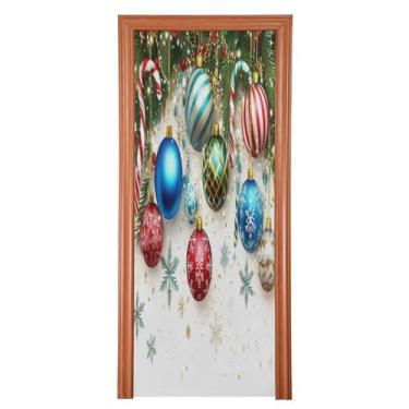Imagem de Bola colorida de Natal bengala doce flocos de neve capa de porta decoração faixa de fundo para varanda banheiro festa de férias M35x79in