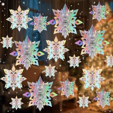 Imagem de Decorações de floco de neve de Natal, 12 peças de papel iridescente 3D para pendurar flocos de neve, enfeite de guirlanda de flocos de neve para teto, Natal, inverno, ano novo, feriado, aniversário