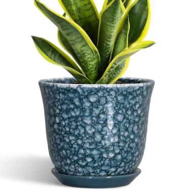 Imagem de SUNPOTFOR Vaso de plantas de 20 cm - Vaso de cerâmica para ambientes internos e externos, plantador redondo com orifício de drenagem e pires, vasos modernos, vaso de flores decorativo, sala de jardim