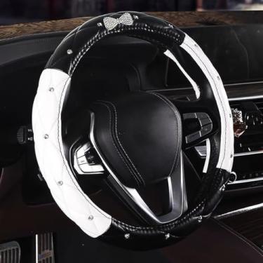 Imagem de Capa de volante de couro brilhante para mulheres, protetor de volante de carro, antiderrapante, ajuste universal, 36,5-38,1 cm, preto e branco com laço