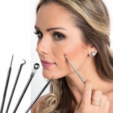Imagem de Kit 4 Ferramentas Profissionais Extrator De Cravo Curetas Aço Inox Com Estojo Removedor de Espinhas Limpeza Pele Higiene