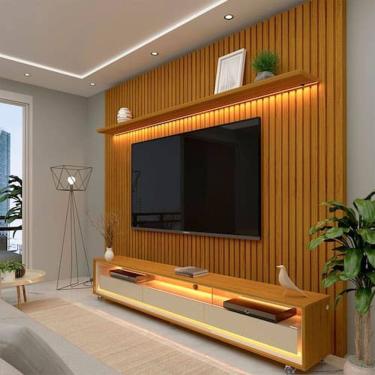 Imagem de Painel Ripado com Rack para TV até 75 Polegadas LED 3 Gavetas 2 Prateleiras com Rodízios 230cm Gelius Móveis Marromle