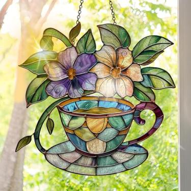 Imagem de Suncatcher acrílico colorido, decoração de janela suspensa de flores com design de vitral impresso, apanhador de sol, arte de parede de arco-íris, ornamentos de Natal para uso interno e externo 19,8 x