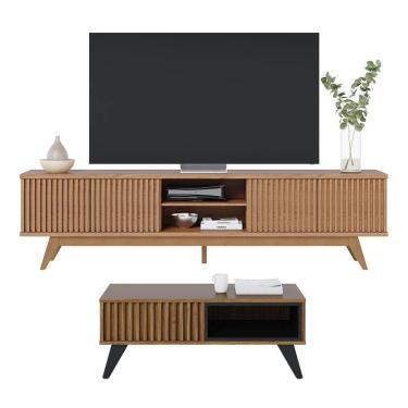 Imagem de Kit Sala de Estar com Rack Para TV Ripado e Mesa de Centro Noce Preto Colibri