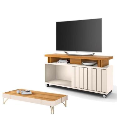 Imagem de Rack Bancada Rivera 1.3 Com Mesa De Centro Cadenza Off White Cinamomo – Hb Móveis
