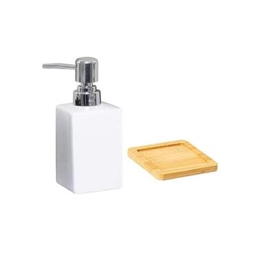 Imagem de AORTULL Dispensador de sabão de cerâmica com bandeja, refil de 325 ml, moderno, branco, quadrado, sabonete líquido para mão, dispensador de bancada para banheiro, cozinha