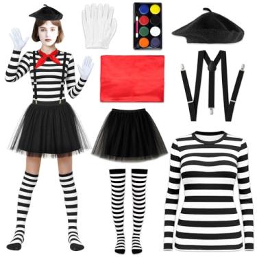 Imagem de Luzcexs Fantasia feminina de mímica francesa, 8 peças, camisa preta e branca com saia curta preta e pintura facial para cosplay de Halloween, Preto e branco, 2X-Large