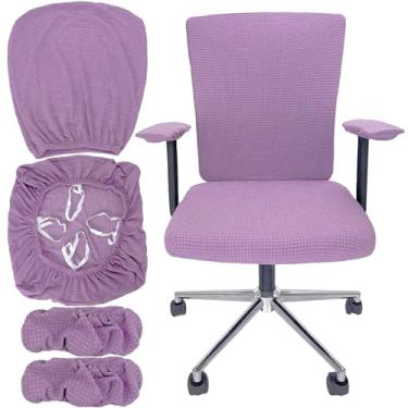 Imagem de VZLQZJMKY Conjunto de capas de cadeira de escritório elásticas de 4 peças para cadeiras e capas de braço de escritório adequadas para cadeiras giratórias e acessórios de escritório (roxa)