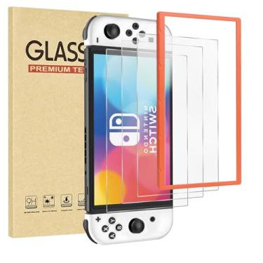 Imagem de Jngnpn Pacote com 3 protetores de tela de vidro temperado fosco para Switch OLED modelo 2021 [7 polegadas], com moldura de alinhamento transparente, antirreflexo, antiarranhões, sem bolhas, dureza 9H