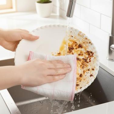 Imagem de 2 peças de pano de prato de cozinha, pano de limpeza de microfibra, 9,84 × 9,213 cm, pano de lavagem absorvente reutilizável, para pratos e bancadas, rosa