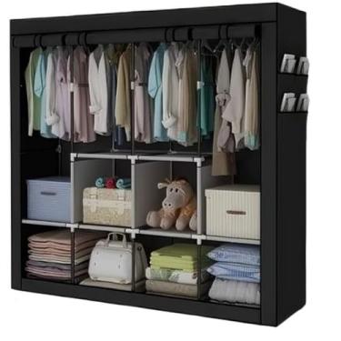 Imagem de Grande Arara Guarda Roupa Dobrável Com Capa Tecido 4 Divisorias Roupeiro Organizador Roupas Armário para Quartos, Casas Pequenas e Viagens(PRETO,CASAL DUPLO)