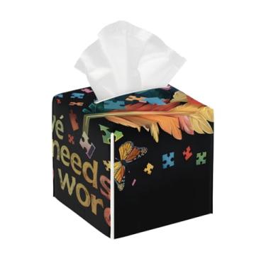 Imagem de Suporte quadrado de couro para caixa de lenços de papel, impermeável, cor de penas de autismo, organizador de papel facial com cinto inferior, estojo de lenços para mesa, banheiro, escritório, mesa