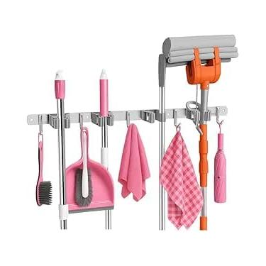 Imagem de SUPORTE PARA VASSOURAS RODOS FERRAMENTAS PÁS ESCOVAS DE LIMPEZA - AÇO INOX ANTIDERRAPANTE À PROVA DÁGUA - ORGANIZA ATÉ 9 OBJETOS FIXAÇAO COM ADESIVOS OU PARAFUSOS CASA COZINHA