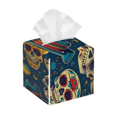 Imagem de Suporte quadrado de couro para caixa de lenços de papel, impermeável, engraçado, chapéu de caveira, organizador de papel facial com cinto inferior, estojo de lenços para mesa, banheiro, escritório