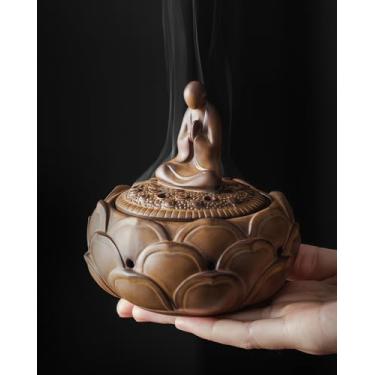 Imagem de TEAVOR Queimador de incenso de cerâmica para cone e bobina – Estátua de Buda para proteção e meditação zen, decoração de casa para afastar a negatividade