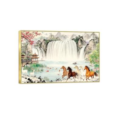 Imagem de Chinoiserie Arte de parede paisagem imagem em tela - Cachoeira cavalo - pintura chinesa - impressões de moldura dourada para decoração de casa 50 x 75 cm 20 x 30 pol