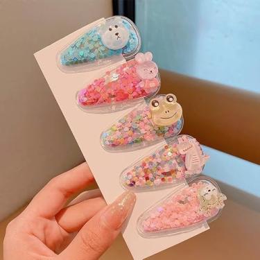 Imagem de 5 peças de grampos de cabelo com glitter para meninas, grampos de cabelo transparentes com flores de frutas e animais, acessórios de cabelo para o dia das crianças e festas