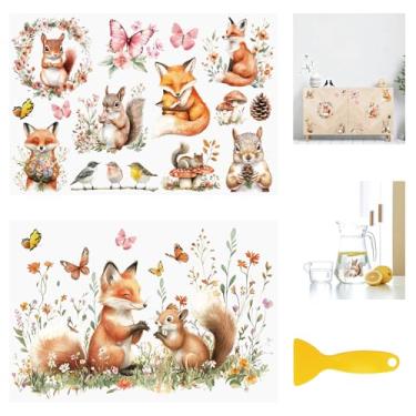 Imagem de HICOHAND Decalques de transferência de animais, 2 peças de adesivos de transferência de móveis florais de raposa e esquilo para artesanato porta de jardim baús gaveta cômoda parede quarto berçário