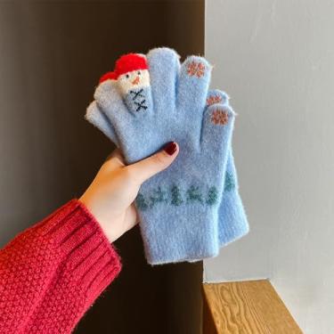 Imagem de Luvas femininas de tricô de boneco de neve fofas, de desenho de Natal, luvas de 5 dedos, luvas de ciclismo quentes espessas