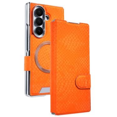 Imagem de LTLMYDAM Capa magnética para Samsung Galaxy Z Fold 7, capa protetora de tela flip de couro com tudo incluído, carteira à prova de choque, laranja, dobrável 7