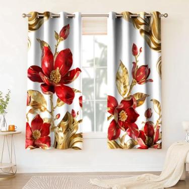 Imagem de HIYSMT Cortinas 3D florais de magnólia, cortinas blackout abstratas de flor dourada vermelha de 10,870 cm, cortinas estampadas com design de arte moderna dourada luxuosa para quarto feminino, sala de