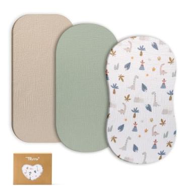 Imagem de TILLYOU Lençóis de musselina para bebês meninos e meninas, pacote com 3, lençóis de colchão de berço de algodão elástico macio e respirável, ajuste ampulheta, oval retangular, 83 x 43 cm, dinossauro