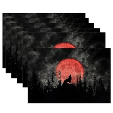 Imagem de Jogo americano de mesa de lobo gótico, conjunto de 6, jogo americano antiderrapante de tecido noturno da lua vermelha para sala de jantar, cozinha, festa, férias, tapetes de mesa de pano para
