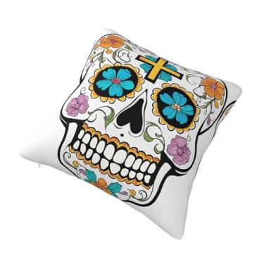Imagem de Almofada quadrada decorativa estampada com caveira - Design reversível, zíper oculto, poliéster macio para sofá, cama e carro - Hipoalergênico 40,6 x 40,6 cm