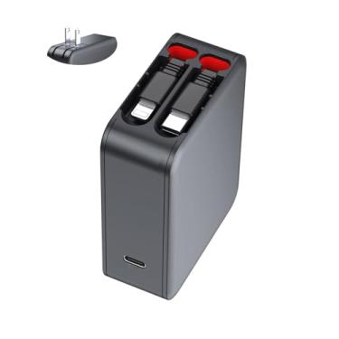 Imagem de Carregador de parede retrátil, carregamento rápido GaN, cabos duplos para Lightning e PD USB C, porta USBC, plugue dobrável, bloco de carregamento compacto de viagem para iPhone, Samsung, mesas, iPad