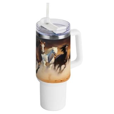 Imagem de Kigai Copo de 1,134 g com tampa e canudo, copo de aço inoxidável durável à prova de vazamento de cavalos de corrida com alça, garrafas de água à prova de derramamento para viagens