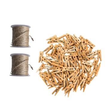 Imagem de Mini Pregador de Madeira 3,5 cm com Fio de Juta 20 m – Kit 200 Unidades para Artesanato, Decoração, Embalagens, Scrapbook e Festas – Madeira Natural e Juta Resistente
