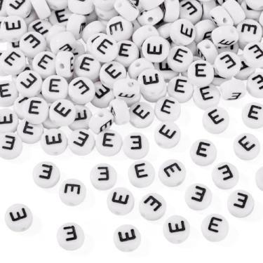 Imagem de Elecrelive 500 peças contas de letras redondas planas 7 mm contas brancas do alfabeto para pulseira da amizade, colar, fabricação de joias (letra E)