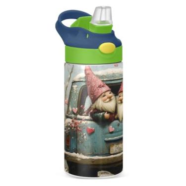 Imagem de Burbuja Garrafa de água infantil Valentine Gnomo no carro, sem BPA, isolada a vácuo, com tampa de canudo para meninos e meninas, à prova de vazamento, 340 g
