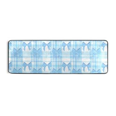 Imagem de Burbuja Tapete xadrez Blue Bows 61 x 183 cm, tapete lavável antiderrapante com suporte de borracha, tapete para sala de estar, corredor, decoração de casa