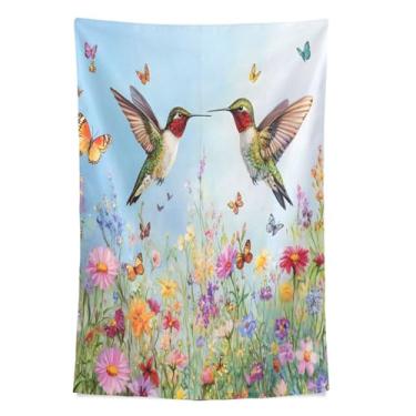 Imagem de STAYTOP Tapeçaria de parede de flores silvestres e beija-flores para decoração de casa, decoração de dormitório, sala de estar, quarto, tapete de parede (80 × 60 pol)